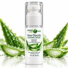 Load image into Gallery viewer, Aloe Glycolic Renewal Serum bottle surrounded by fresh-cut aloe vera leaves