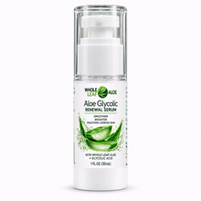 Load image into Gallery viewer, Aloe Glycolic Renewal Serum bottle rotating to show the full label, including directions, ingredients and sun alert
