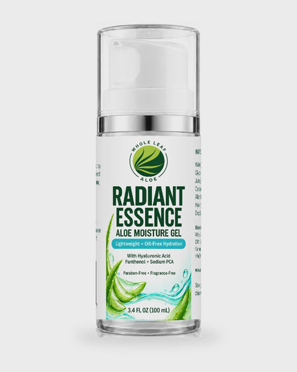 Radiant Essence Aloe Moisture Gel bottle rotating to show the full label, including directions and ingredients